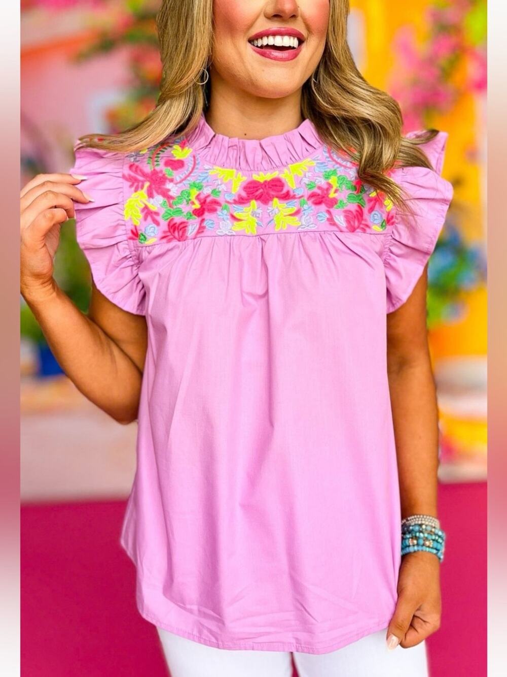 JODIFL Lilac Blouse with Neon Floral Embroidery size Small